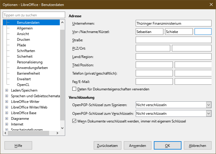 Benutzerdaten für LibreOffice anpassen