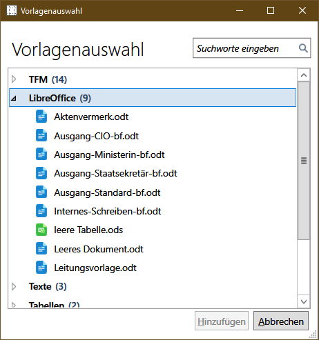 VIS Vorlagen Dialog mit LibreOffice Kategorie